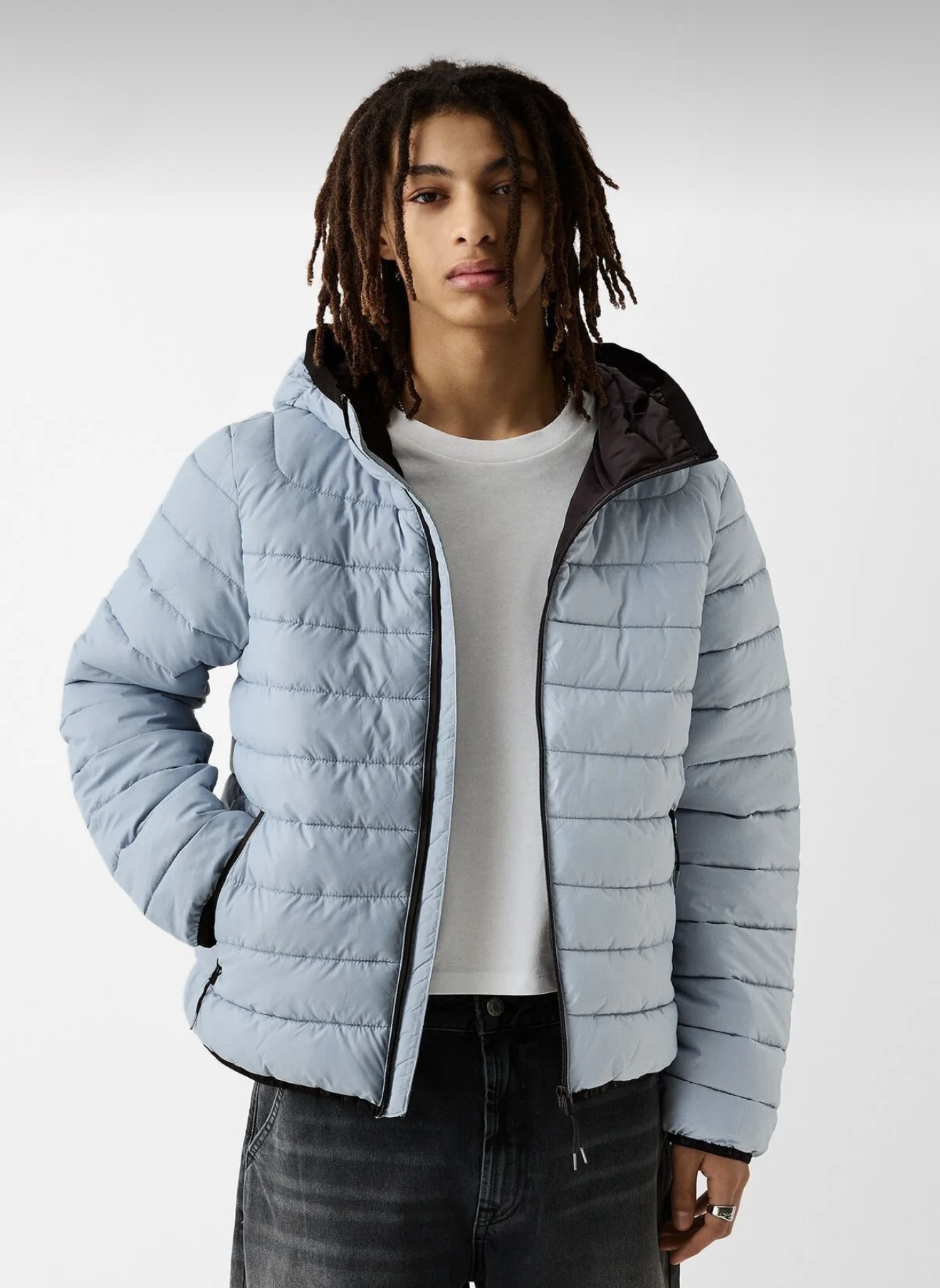 کاپشن آبی روشن یونیسکس برند برشکا کلاه دار بسیار سبک و گرم سایز لارج